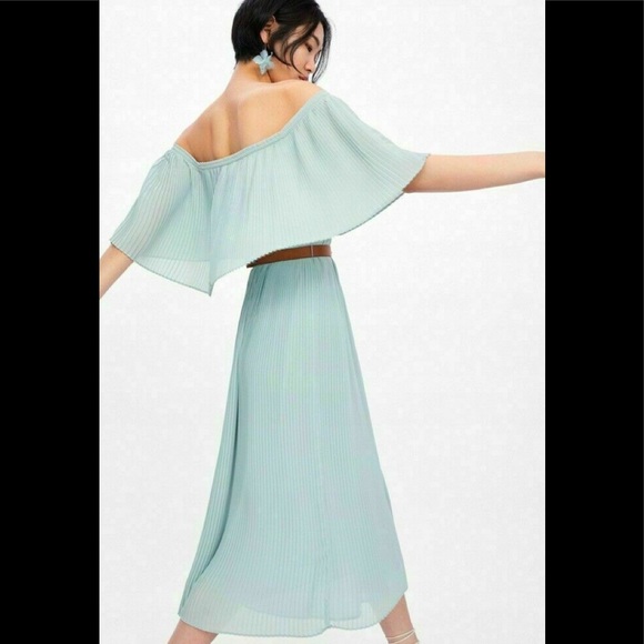 Zara Mint Green Pleated Off Shoulder Midi Dress XS - Picture 3 of 6